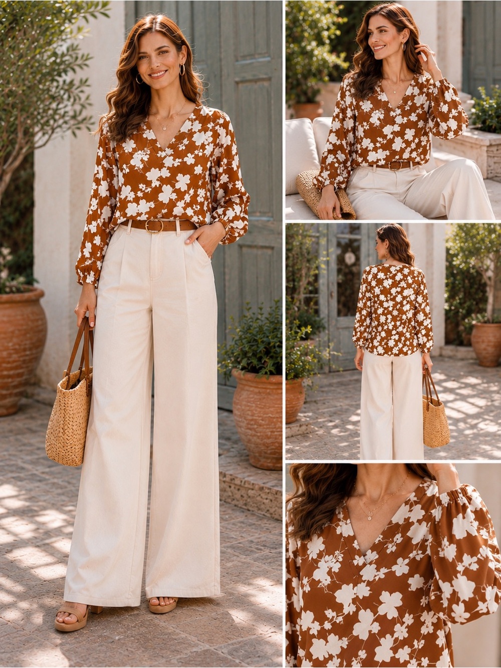 Candace Cameron Bure Boho Coastal Floral Top Terracotta Cream Peasant Top Sz M